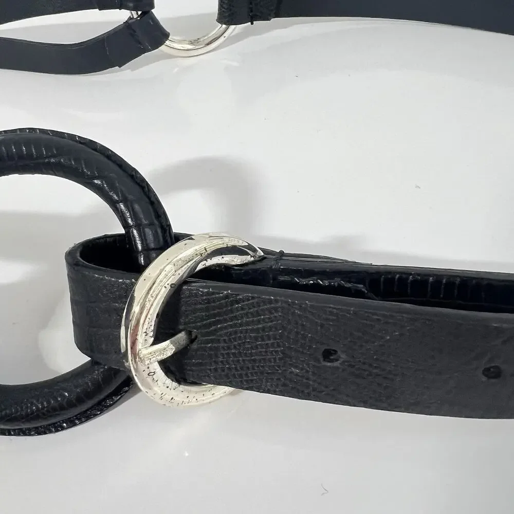 Chico's Genuine Leather Statement Belt Women Medium Black Boho Retro Ring Buckle